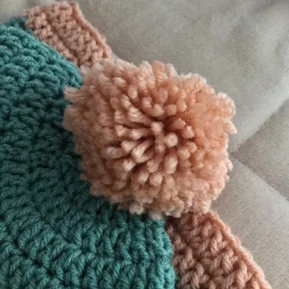 Pair of Handmade Knit Kids Winter Hats Pompom Coral and Teal Color Block - Picture 5 of 5